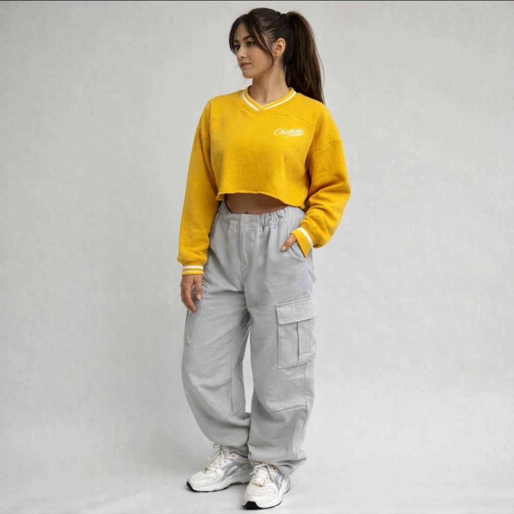H&M Divided Women's Y2K Sweatshirt Yellow Cropped Varsity Size L